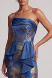 Vestido largo de madre de la novia, vestido de funda azul oscuro sin tirantes