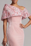 Vestido largo de madre de la novia bordado de terciopelo asimétrico de terciopelo rosa en un solo hombro