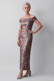 Vestido largo de madre de novia de jacquard gris de funda descubierto