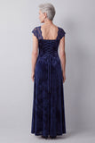 Mangas de encaje de terciopelo azul marino Vestido largo de Madre de la Novia