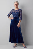 Vestido largo de madre de la novia de cuello redondo de cuello redondo de ilusión azul oscuro