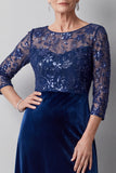 Vestido largo de madre de la novia de cuello redondo de cuello redondo de ilusión azul oscuro