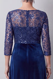 Vestido largo de madre de la novia de cuello redondo de cuello redondo de ilusión azul oscuro