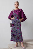 Terciopelo fucsia Satén Pedrería Floral Midi Vestido de Madre de la Novia con capa