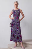 Terciopelo fucsia Satén Pedrería Floral Midi Vestido de Madre de la Novia con capa