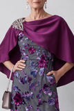 Terciopelo fucsia Satén Pedrería Floral Midi Vestido de Madre de la Novia con capa