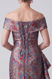 Vestido de madre de la novia gris de hombros con jacquard fruncido y funda