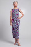 Vestido de madre de la novia de terciopelo floral gris con vaina de satino de bateau con capa