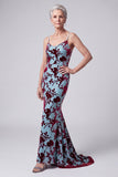 Vestido largo de sirena de terciopelo en V azul lago con capa