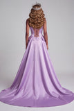 Corsé sin tirantes de satén lavanda, perlas con bordado floral sirena vestido de concurso con drapeado