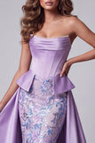 Corsé sin tirantes de satén lavanda, perlas con bordado floral sirena vestido de concurso con drapeado