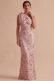Vestido de invitado Maxi de invitado de boda con lazos de un solo hombro y funda rosa con lazo.