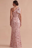 Vestido de invitado Maxi de invitado de boda con lazos de un solo hombro y funda rosa con lazo.