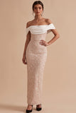 Vestido de boda maxi de invitado en blanco y rosa con bordado floral al descubierto