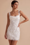 Aplique florales con escote bodycon con escote tipo cowl, vestido blanco corto con encaje