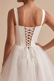 Corsé blanco, tul, escote cuadrado, vestido corto blanco con lazo