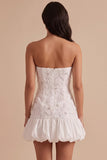 Vestido blanco blanco sin tirantes con dobladillo burbuja, vestido blanco corto con lazo