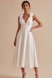 Vestido blanco blanco midi midi arrugado de escote en V blanco con flor 3D