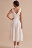 Vestido blanco blanco midi midi arrugado de escote en V blanco con flor 3D