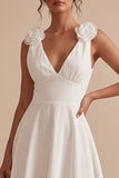 Vestido blanco blanco midi midi arrugado de escote en V blanco con flor 3D