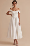 Vestido de novia blanco de rasé largo en el hombro en forma de A con largo té