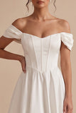 Vestido de novia blanco de rasé largo en el hombro en forma de A con largo té
