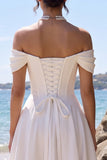 Vestido de novia blanco de rasé largo en el hombro en forma de A con largo té