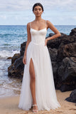 Corsé blanco de tirantes finos y vestido de novia Maxi de satén con abertura lateral