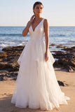 Vestido de novia largo de escaleras de organza de satén en línea A blanco