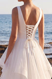Vestido de novia largo de escaleras de organza de satén en línea A blanco