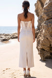 Vestido de novia maxi sin tirantes de cuello de satén blanco con abertura trasera