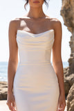 Vestido de novia maxi sin tirantes de cuello de satén blanco con abertura trasera