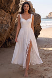 Vestido de novia Midi blanco A-Line Chicfon, fruncido y abertura lateral de encaje