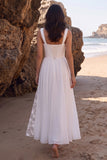 Vestido de novia Midi blanco A-Line Chicfon, fruncido y abertura lateral de encaje