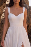 Vestido de novia Midi blanco A-Line Chicfon, fruncido y abertura lateral de encaje