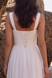 Vestido de novia Midi blanco A-Line Chicfon, fruncido y abertura lateral de encaje