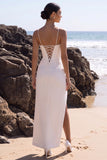Vestido de novia Maxi de tul fruncido con escote blanco y escote en V y abertura lateral