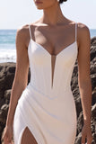 Vestido de novia Maxi de tul fruncido con escote blanco y escote en V y abertura lateral