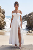 Vestido de novia blanco de satén fruncido de satén con línea en A y abertura de encaje