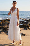 Vestido de novia Maxi de appliques de encaje satinado blanco de escote en V