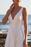 Vestido de novia Maxi de appliques de encaje satinado blanco de escote en V