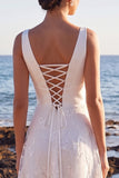 Vestido de novia Maxi de appliques de encaje satinado blanco de escote en V