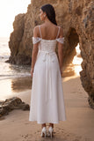 Vestido de novia blanco de línea A con aplicada de hombro frío hasta el largo del té