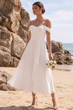 Vestido de novia blanco de gasa fruncido y línea en A