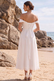 Vestido de novia blanco de gasa fruncido y línea en A