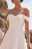 Vestido de novia blanco de gasa fruncido y línea en A