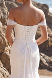 Vestido largo de novia largo de tul aplicado con sirena blanca de hombros