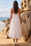 Vestido de novia blanco de tul de tul tirante sin tirantes y largo para el té con apliques