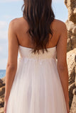 Vestido de novia blanco de tul de tul tirante sin tirantes y largo para el té con apliques
