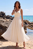 Vestido de novia midi blanco de chiffon plisado y escote en V
